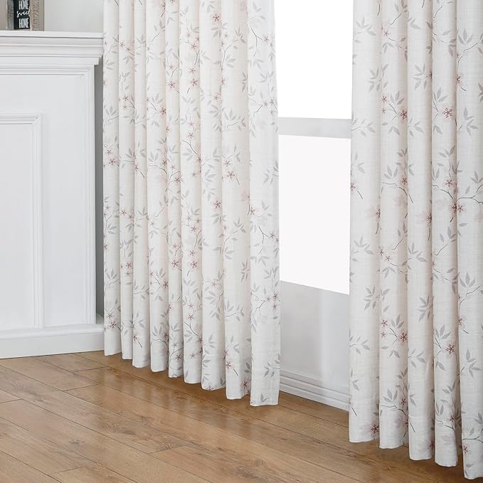 Pink Floral Pinch Pleated Linen Curtains - 2 Panels of Privacy Light-Filtering Printed Curtains Suitable for Dining Rooms and Farmhouses.40 Inches Wide by 102 Inches Long