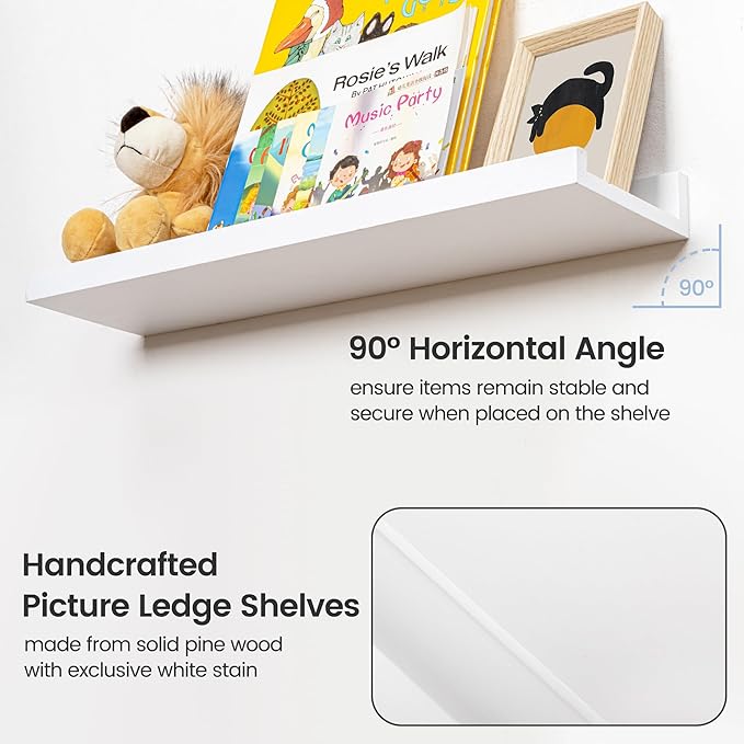 Picture Ledge Shelf, Floating Shelves Set of 2, Solid Pine Wood 72'' Long Large Nursery Book Shelves for Toys Storage, Kids Bookshelf for Living Room Bedroom Decor Books Photo Frames, White