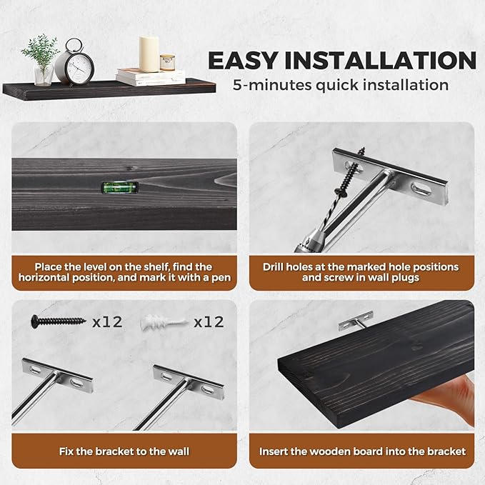 Floating Wall Shelves 3-Pack - 24-Inch Rustic Black Wooden Shelves for Storage and Décor, Easy Installation for Living Room, Bedroom, and Kitchen