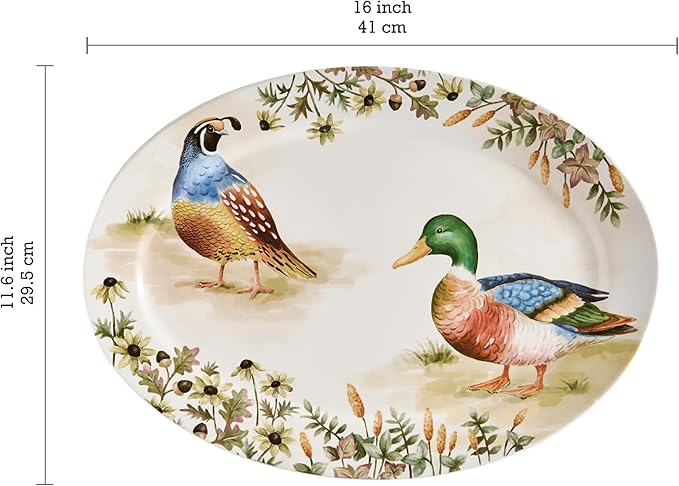 Bico Autumn Birds 16 plus 14 inch Oval Platters Set, Set of 2, Microwave and Dishwasher Safe, for Serving Fish, Chicken, Turkey