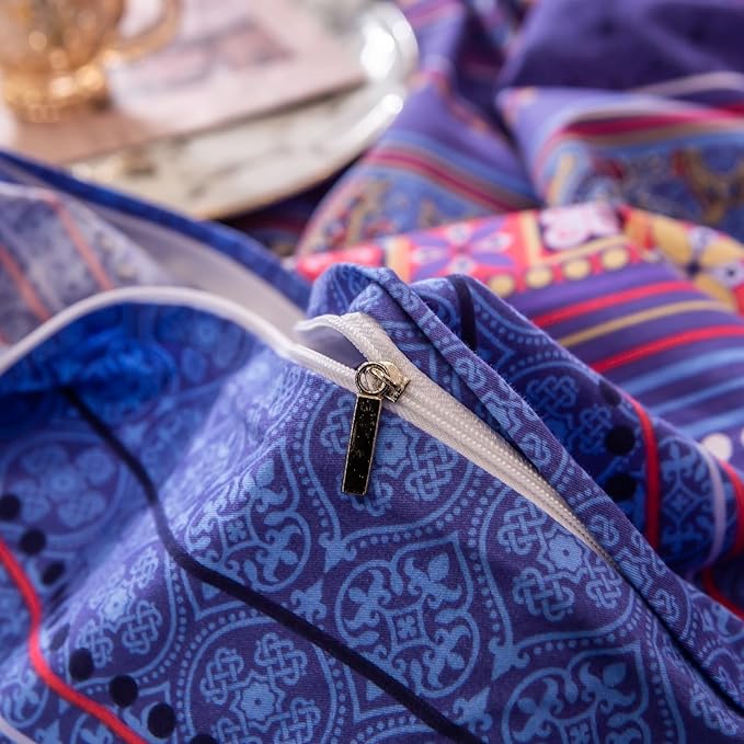 ABREEZE Bohemian Vintage Cal.King Size Floral Cotton Bedding Set 3Pcs Duvet Cover Set Boho Purple Paisley 100% Egyptian Brushed Cotton Reversible Home Bedding Collection