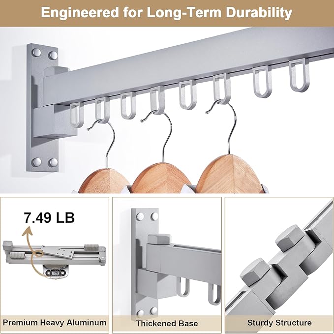 Bakala Clothes Drying Rack, Laundry Drying Rack Foldable, Heavy-Duty Space Saving Hangers, Wall Mounted Clothing Racks for Laundry Room Organization, Folding, Retractable 64" Clothes Dryer (Silver)