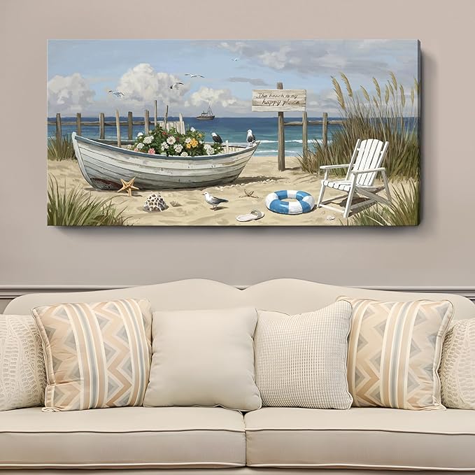 amatop Oversized Coastal Canvas Wall Art – Nautical Seaside Landscape Floral Boat on Sandy Beach Ocean Seabirds Horizontal Decor Large Wildflower Nature Artwork for Living Room Bedroom Office 58×29 Inch