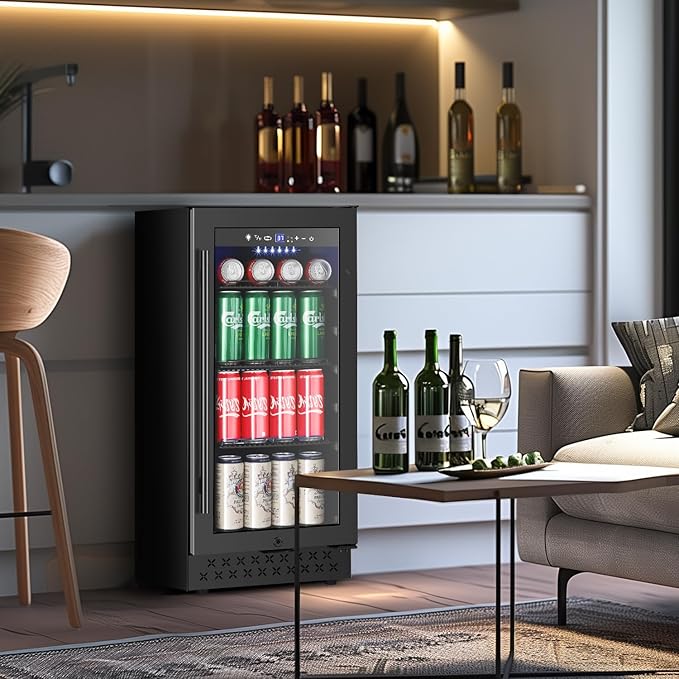 Tylza 15 Inch Beverage Refrigerator, Under Counter/Freestanding Drink Fridge, 130 Cans Beverage Cooler with Glass Door, Reversible Door, Low Noise, Quick Cooling - for Beer, Soda, ETC, Black