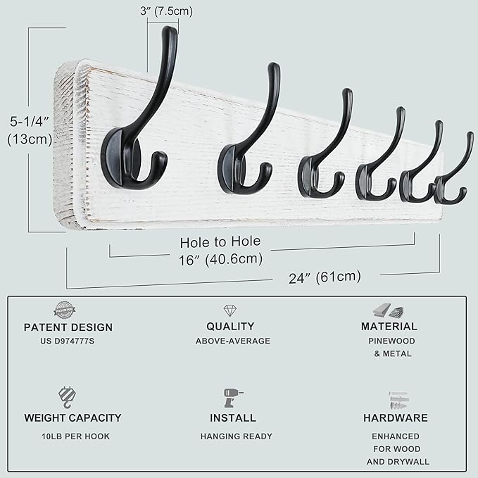 Dseap Wall Mounted Coat Rack: 24" Long, Patented, Heavy-Duty, 6-Double-Hooks Wooden Hanger Rail for Winter Coats, Hat, Jacket, Clothing - White & Black, Pack of 2