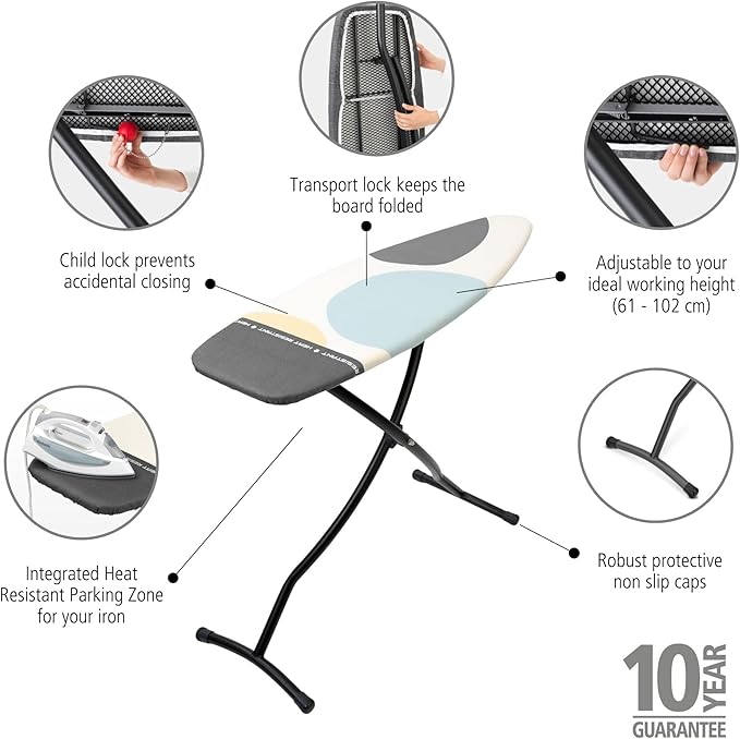 Brabantia Size D Ironing Board (53x18 in) Heat Resistant Parking Zone, Silver Frame, Non-Slip Feet, Suitable for Sit Down Ironing (Spring Bubbles)