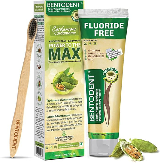 BENTODENT Fluoride Free Remineralizing Calcium Bentonite Clay Toothpaste - Cardamom Flavor Natural Toothpaste, Mint-Free, 3.52 oz - Ideal for Sensitive Teeth & Whitening with Toothbrush