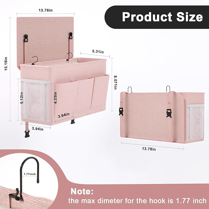 Dual-purpose Bedside Caddy Bedside Organizer, Bed Caddy with 6 Pockets, Versatile Bedside Storage Solution Magazine Remotes holder, ideal for Home, Dorm, Hospital, Crib Bed (Pink)