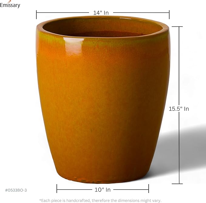 Emissary Bullet 14 in. Bright Orange Ceramic Round Planter (14 in. L x 14 in. W x 15.5 in. H) with Drainage Hole
