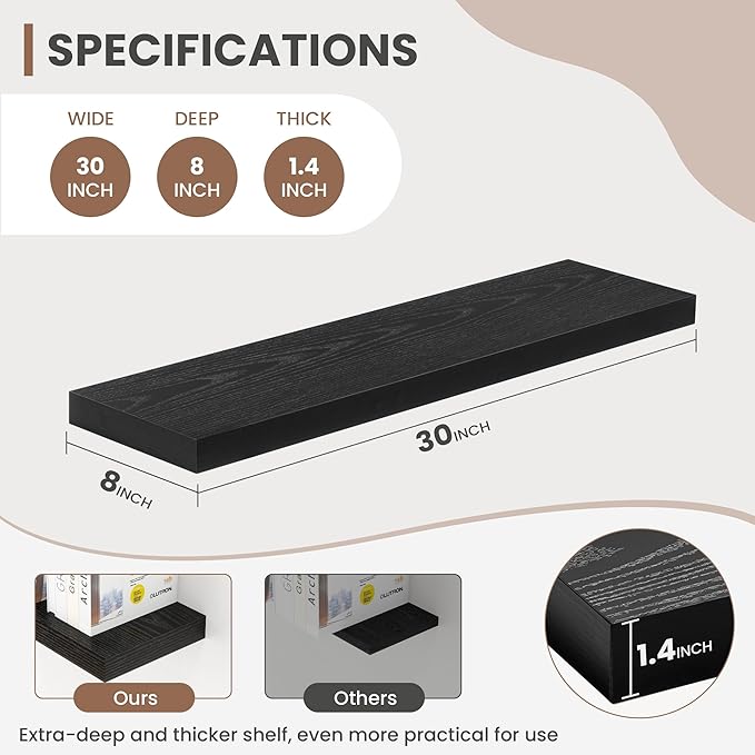 30 Inch Floating Shelves, 8 Inch Deep Floating Shelves for Wall, Hanging Shelf with Invisible Brackets, Deep Shelves for Bathroom, Bedroom, Living Room, Black, Set of 2