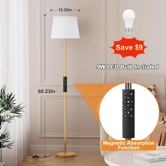 Floor Lamps for Living Room - Modern Gold Floor Lamp with Remote Control, Dimmable Colors Temperature Standing Lamp with LED Bulbs, Tall Lamp for Bedroom Office Kid Room - Brass Gold