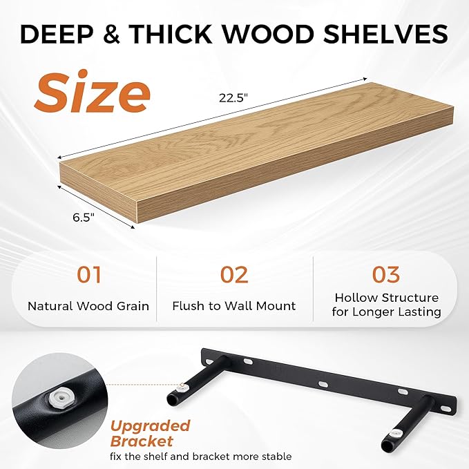 Fun Memories Floating Shelves for Wall, 22.5" Rustic Wood Deep Wall Mounted Shelves with Invisible Brackets for Decor & Storage, Floating Shelf for Living Room, Bathroom (Oak, Set of 2)