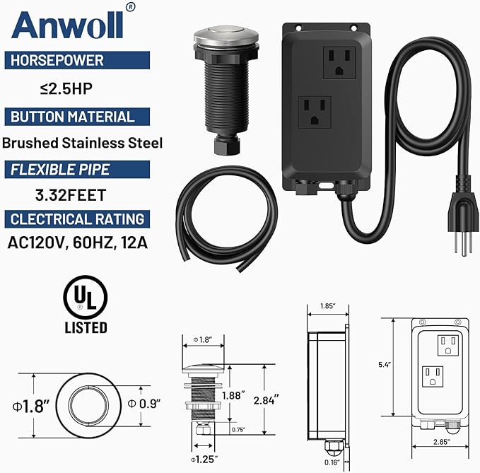 Garbage Disposal Air Switch Kit -Professional- Dual Outlet, Sink Top Waste Disposer On/Off, Garbage Disposal Button, UL Listed