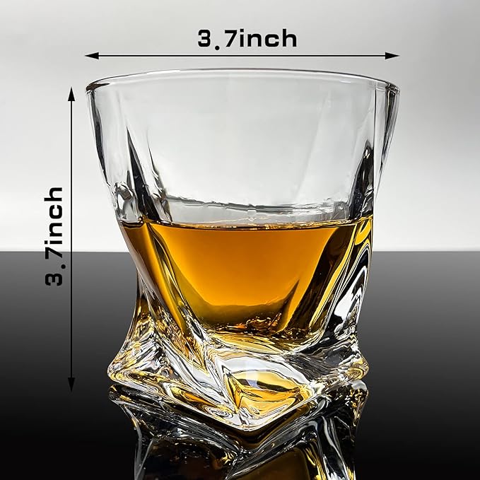 Crystal Whiskey Glasses Set of 2 (11 Oz), Old Fashioned Glass Packaged in Sturdy Gift Box, Unique Gifts for Men, Twisted Style Bourbon Glass Cocktail Glasses, Dad Gifts for Birthday