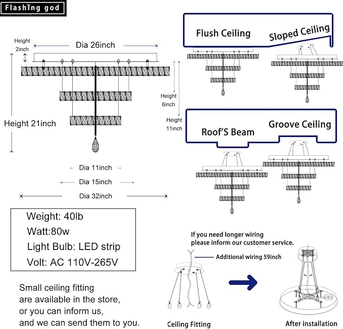 Flashing God Crystal Chandeliers Dia 32" Gold Chandelier Flush Mount Ceiling Light for Bedroom Living Room Dining Room Hallway Dimmable 3 Rings LED Celing Lighting Fixtures