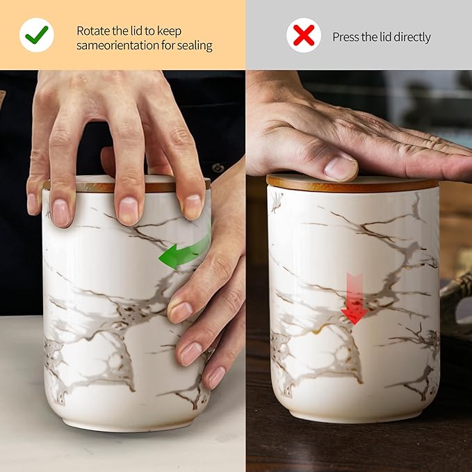 Ceramic Canister Set with Bamboo Airtight Lids, 3-Piece Kitchen Storage Jars (48oz, 30oz, 12oz) – White with Gold Marble Pattern, Glossy Finish, for Coffee, Sugar, Flour & More