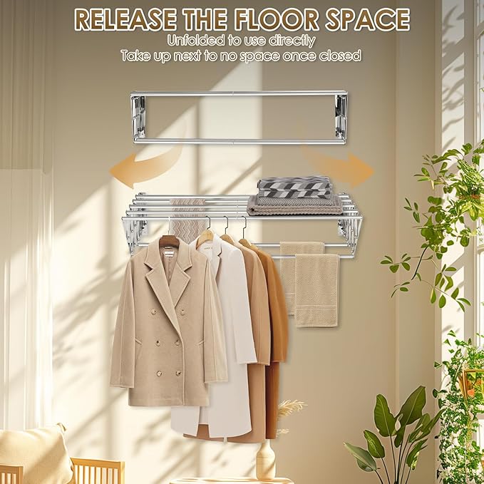 XL-31.5" Wall Mounted Clothes Drying Rack, 130 LBS Large Capacity Rustproof Retractable Clothes Rack, Collapsible Drying Rack Easy to Install with 7 Drying Rods, Space Saving for Laundry-White