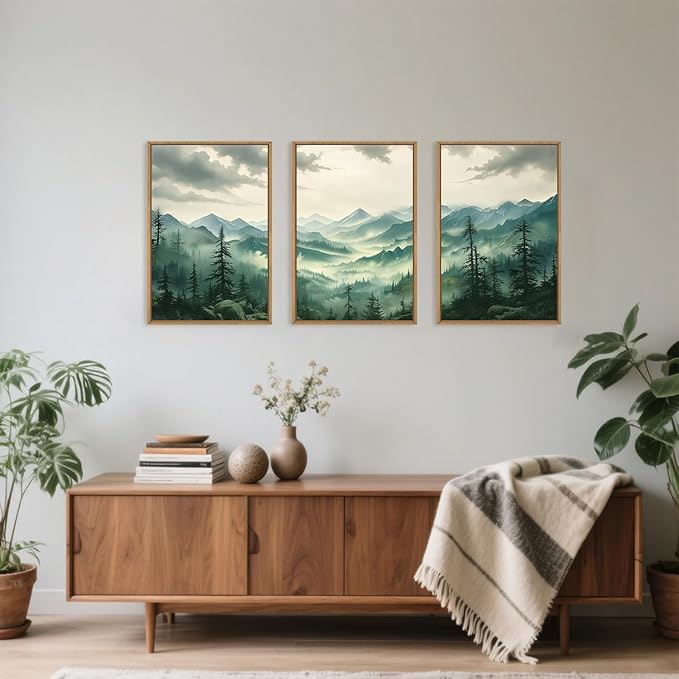 Celestdeco Green Foggy Mountain Framed Canvas Wall Art Set, Misty Forest Wall Decor, Watercolor Pine Tree Wall Painting, Large Nature Landscape Art Print for Living Room, Bedroom, Office - 24"X36"X3