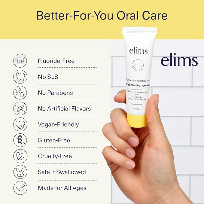 ELIMS Travel Size Nano Hydroxyapatite Toothpaste Fluoride Free - Xylitol Remineralizing Toothpaste for Whitening Sensitive Teeth - Orange Pineapple Mint Toothpaste for Adults & Kids 1oz