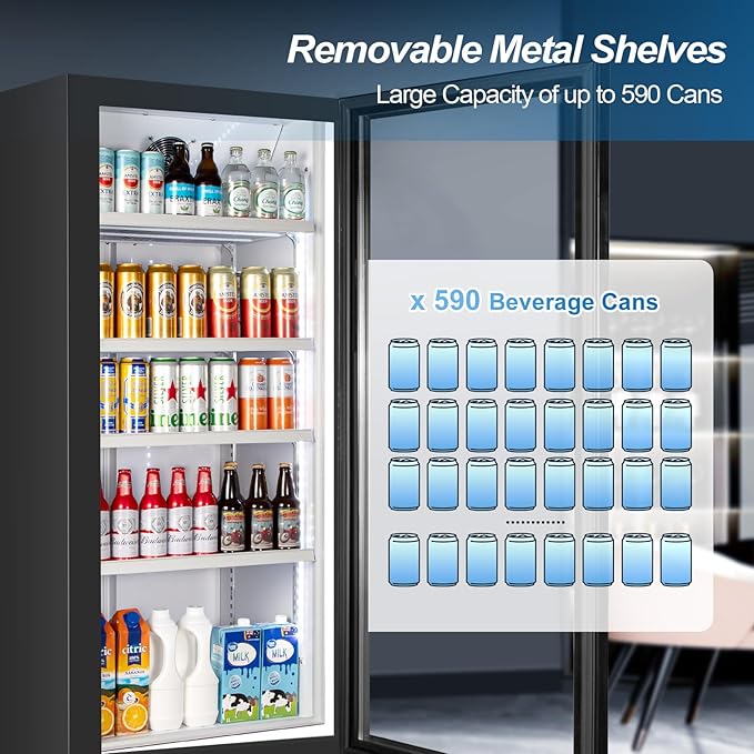 Tylza Commercial Refrigerator with Glass Door Display Beverage Fridge, 350L Upright Beverage Cooler Merchandiser with Rebound Door, Fast Cooling, Low Noise, Black