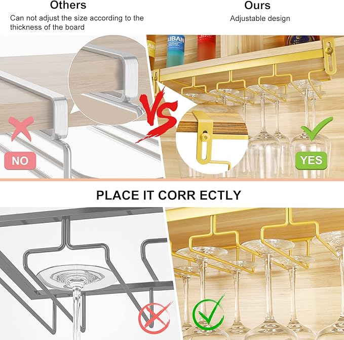 AUHOKY Adjustable Wine Glass Holder Under Shelf, Nail Free Metal Stemware Holder Storage Hanger, Hanging Wine Glasses Rack Organizer Under Cabinet Mount for Bar Kitchen (4 Rows, Gold)