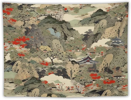 Asian Tapestry,Japanese Red Landscape Asian Watercolor Abstract Art Tapestry, Asian Japanese Wall Tapestry, Nature Landscape Tapestries for Bedroom Living Room Decor 90"x60"