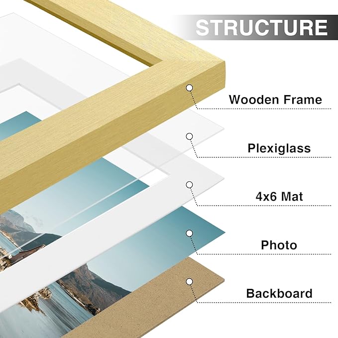Vittanly 5x7 Picture Frames Set of 9, Shatter Resistant Plexiglass, Display 4x6 Pictures with Mat or 5x7 without Mat, Photo Frames for Wall or Tabletop, Engineered Wood, Gold