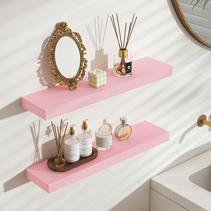 BAMEOS Pink Floating Shelves for Wall, 24" x 6" Wall Shelves for Room, Floating Book Shelves, Hanging Shelves for Bedroom, Bedroom, Living Room, Kitchen (Set of 2)