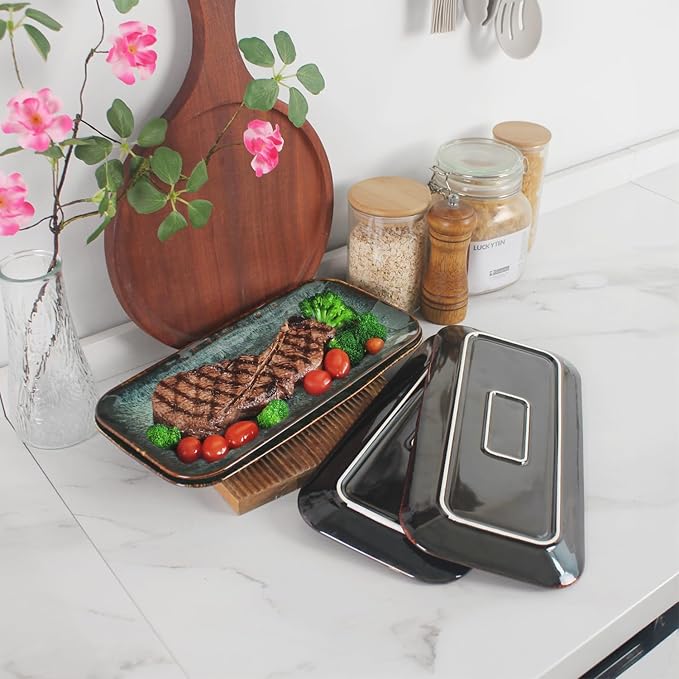 Ceramic Serving Dinner Plate Set, 4-Piece for Main Meals, Tacos, Lunches, Snack, Platters - Microwave and Dishwasher Safe, Scratch Resistant, Kitchen Serving Dinnerware, Black 12.4 Inch