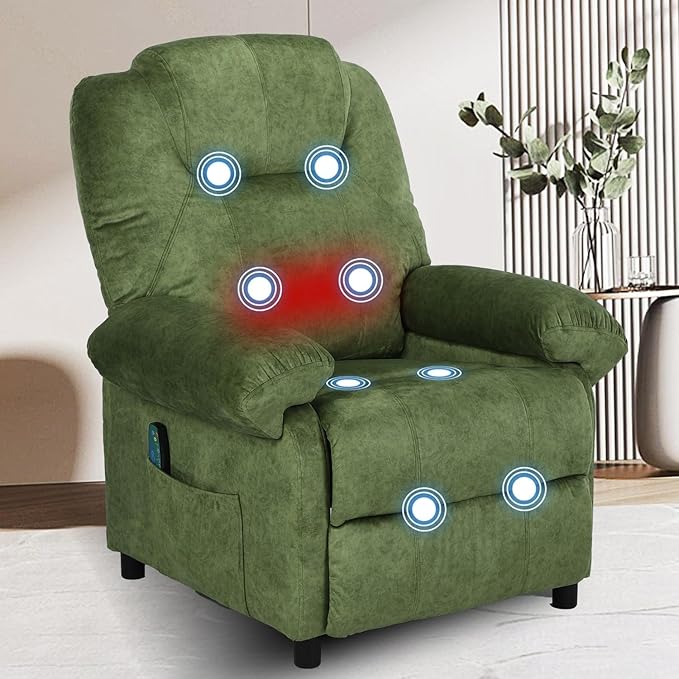KCREAM Green Massage Recliner Chair, Small Recliners for Small Spaces, Overstuffed Recliners Living Room Chairs for Adults Fabric Manual Recliner Chairs with Heating Single Sofa Chair