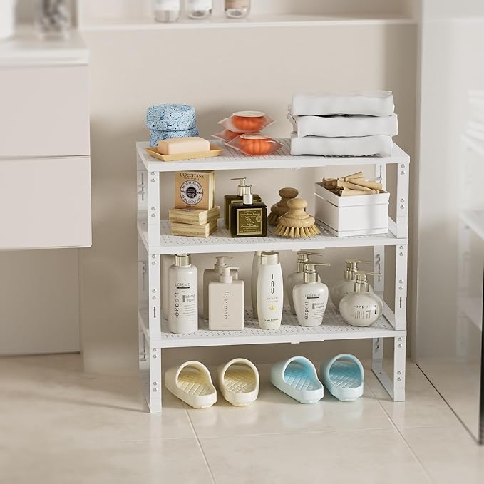 Expandable Spice Rack,Stackable Storage for Cabinet, Multi-Functional Kitchen Shelving,Height-Adjustable,Sustainable Organizer Solution(3Packs/White/Medium)