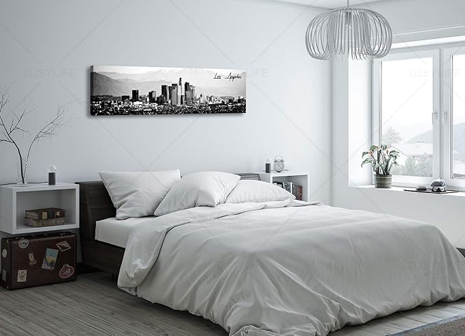 DJSYLIFE Los Angeles Skyline Wall Art Black and White USA Panoramic Cityscape Picture Canvas Prints Artwork for Bedroom Men Room Office Decoration Painting Ready to Hang 13.8"x47.3"