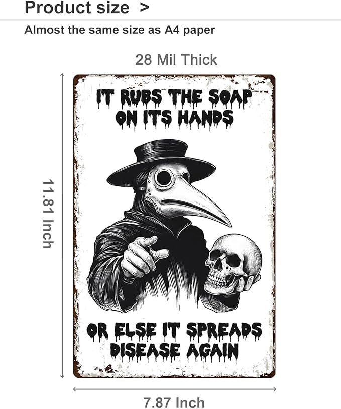 ALKB Halloween Bathroom Decor 8 x 12 Inch - Goth Plague Doctor Metal Tin Sign,Gothic Lovers Gifts,IT RUBS THE SOAP ON ITS HANDS