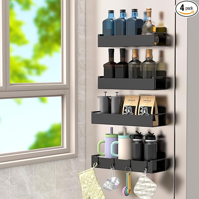 4 Pack Magnetic Spice Rack Organizer for Refrigerator and Oven, Matt Black Fridge Organizers and Storage for Kitchen