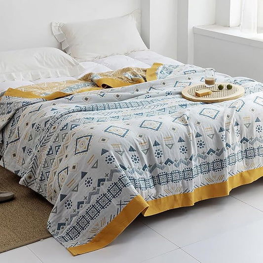 Boho Muslin Blanket for Adults 4-Layer Gauze Twin Size Soft Cozy 100% Cotton Cooling Blanket Geometric Farmhouse Decor for Sofa Bed Coverlet Both Sides (Boho-G-Yellow, Twin 60 x 80 in)