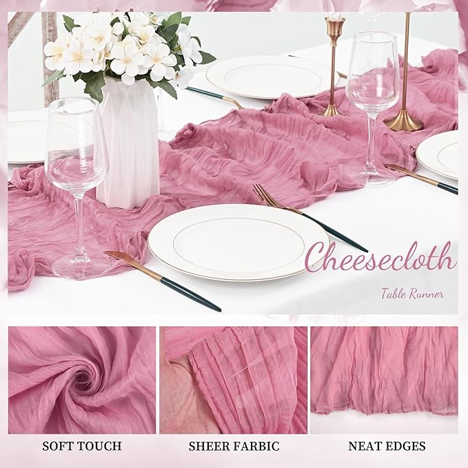 6 Pack Dusty Rose 10FT Cheesecloth Table Runner 20 x 120 Inch Long Rustic Gauze Fabric Cheese Cloth Table Runner for Wedding Bridal Baby Shower Table Decorations Boho Sheer Birthday Party Table Decor