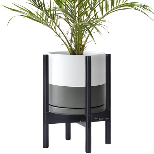 D'vine Dev Ceramic Planter with Ebony Stand - 10 Inch Modern Round Flower Pot with Wood Planter Holder, White/Grey, 55-B-L-6