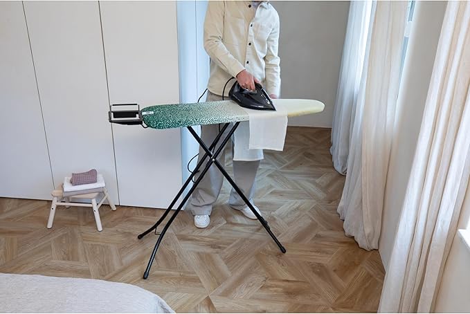 Brabantia Size A Compact Small Ironing Board (43x12 in) 7 Height Options, Adjustable Steam Iron Rest Holder (New Dawn) Non-Slip Feet, Anti-Collapse Child Locks