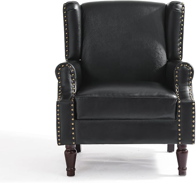 UIXE PU Leather High Back Accent Chair, Upholstered Armchair for Living Room, Retro Wingback Arm Chair Nailhead Trim Single Sofa Bedroom Reading Seat with Solid Wood Legs - Black