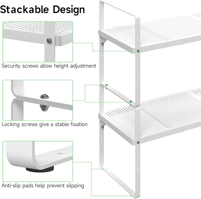 Expandable Cabinet Storage Shelf Stackable Organizer Rack for Kitchen Bathroom Pantry Spice Cupboard Coffee Countertop Home Office Desk Heavy Duty Nonslip White Large 2 Packs