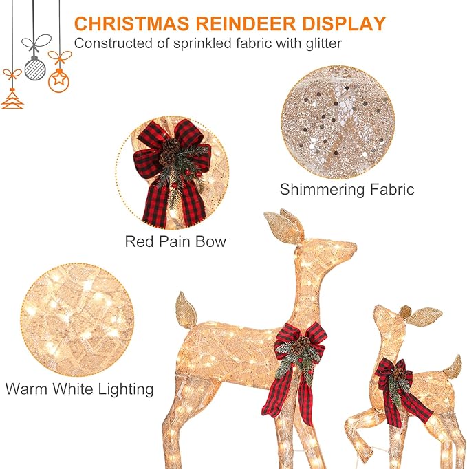 2 Pcs Reindeer Christmas Decoration, Xmas Lighted Golden Shimmering Doe and Fawn Display Set with 105 Warm White Lights for Yard Lawn Indoor Outdoor