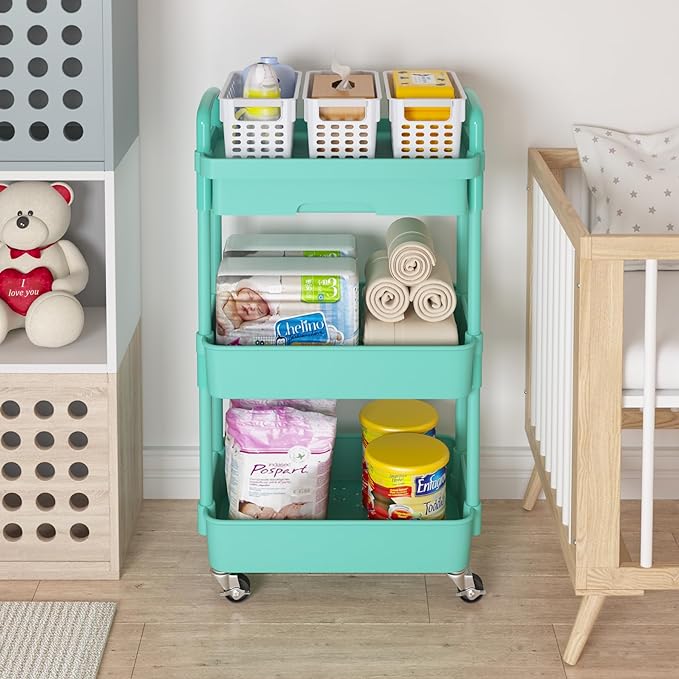 Calmootey 3-Tier Rolling Utility Cart with Drawer,Multifunctional Storage Organizer with Plastic Shelf & Metal Wheel,Storage Cart for Kitchen,Bathroom,Living Room,Office,Green