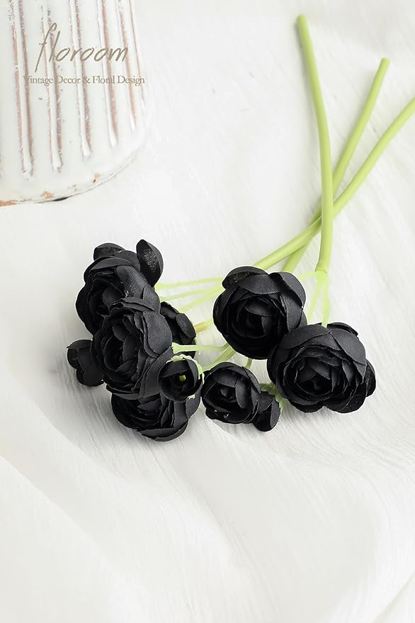 Floroom Ranunculus Artificial Flowers 18 Pcs Black Faux Silk Mini Ranunculus Bulk Fake Wedding Filler Flowers for DIY Bouquets, Centerpieces, Bridal Shower Decorations & Arrangements