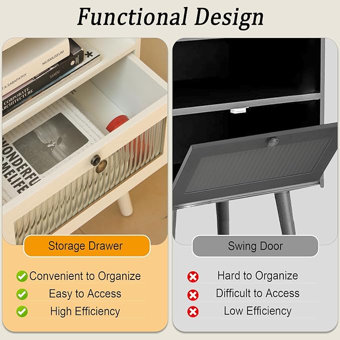 AWASEN White Nightstand with Charging Station, Modern Bedside Table with Glass Decorative Drawer, Small End Side Table with 2 Tiers Storage Space, for Bedroom, Office and Small Space(White)