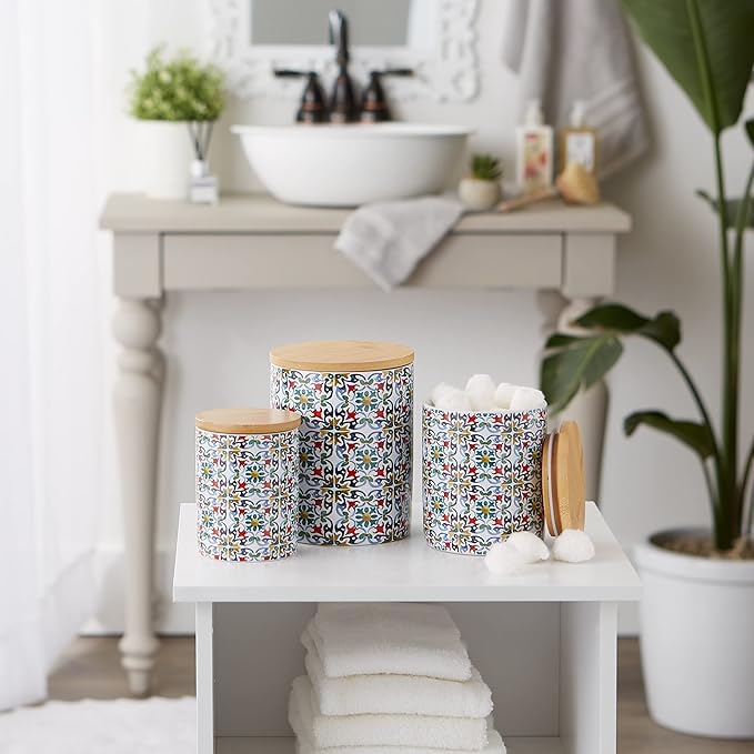 DII Kitchen Ceramics Collection Canister Set, Floral Tile, 3 Piece
