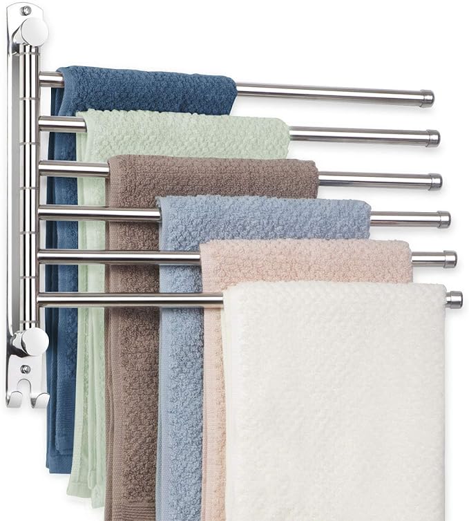 Towel Rack Wall Mounted JSVER Bathroom Towel Rack, Space Saving Towel Holder, Swivel SUS304 Stainless Steel Towel Bar, 180° Rotation 6 Arms Towel Racks for Bathroom