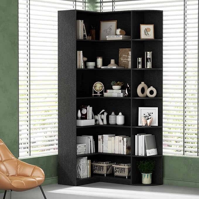 Loomie Black Book Shelf, 6 Tiers Shelf Large Tall Corner Etagere Bookcase with Full Baffle, L-Shaped Modern Storage Display Industrial Bookshelves for Bedroom, Home Office, Living Room & Kitchen,Black