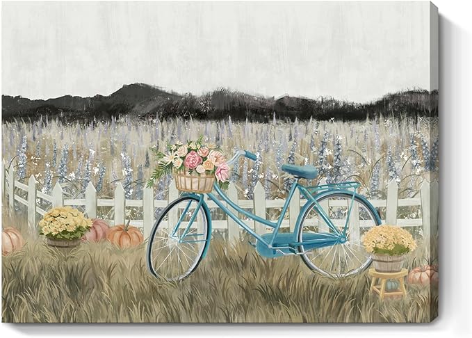 Farmhouse Decor Bathroom Fall Wall Art Vintage Boho Landscape Nature Canvas Picture Mountains, Bicycle Lavender Flowers Floral Neutral Small Artwork for Modern Organnic Country Rustic Cottagecore Bedroom