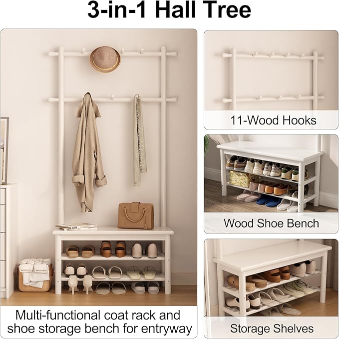 Coat Rack with Shoe Storage, Wooden Hall Tree with Bench, 11 Hooks and 2-Tier Storage Shelves, 3-in-1, Entryway Bench with Coat Rack (31.5"-White)