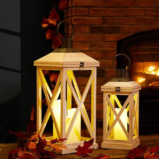 Glitzhome Mondern Farmhouse Wooden Lantern Hanging Decorative Candle Lantern for Outdoor & Indoor Wash White Set of 2 (No Glass)